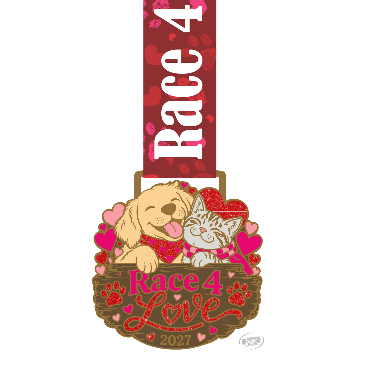 Cute dog and cat finisher medal for the 2027 Race 4 Love virtual race, featuring Valentine's Day themed design by virtualrunevent.