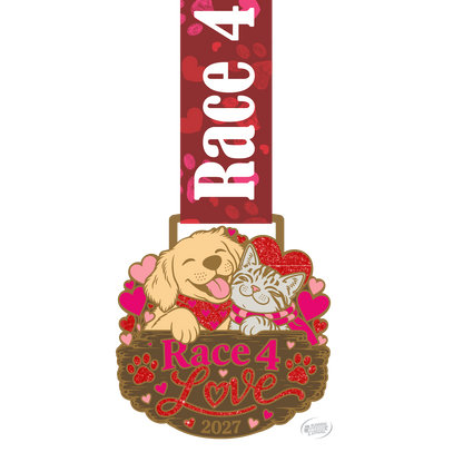 Cute dog and cat finisher medal for the 2027 Race 4 Love virtual race, featuring Valentine's Day themed design by virtualrunevent.