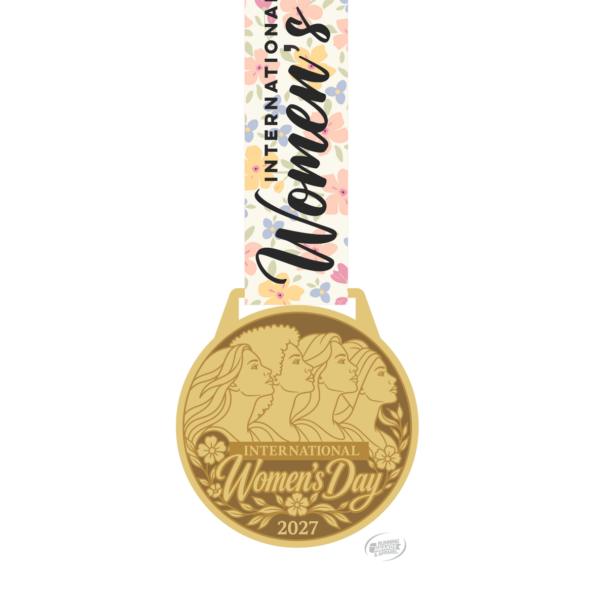 Medal for the 2027 International Women's Day Virtual Race by virtualrunevent, celebrating women's empowerment with a detailed design.