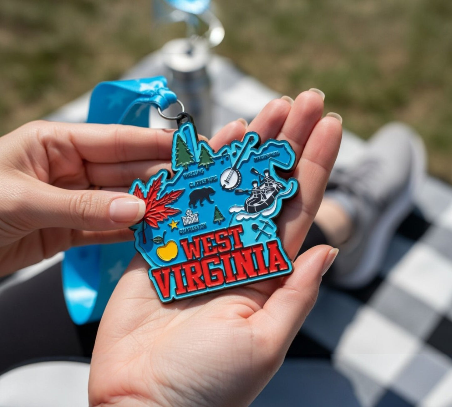 West Virginia race medal and bib for 1-mile, 5K, 10K, half marathon, and marathon from VirtualRunEvent.
