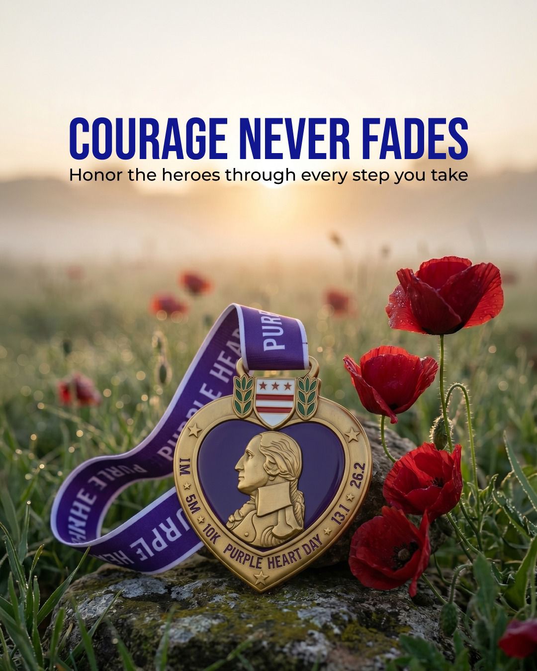 Purple Heart Day Virtual Race 2026 logo on a digital banner, featuring race distance options like 1M, 5K, 10K, half, and full marathons.