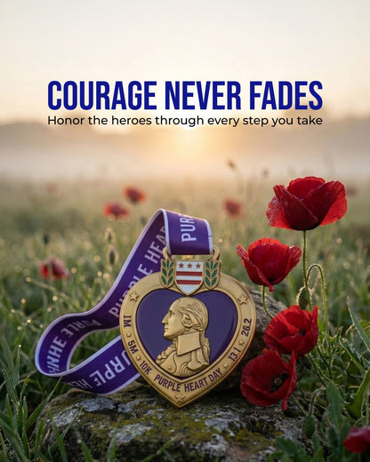 Purple Heart Day Virtual Race 2026 logo on a digital banner, featuring race distance options like 1M, 5K, 10K, half, and full marathons.