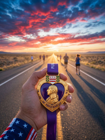 Purple Heart Day Virtual Race 2026 medal with purple ribbon, engraved with race distances and virtualrunevent branding.