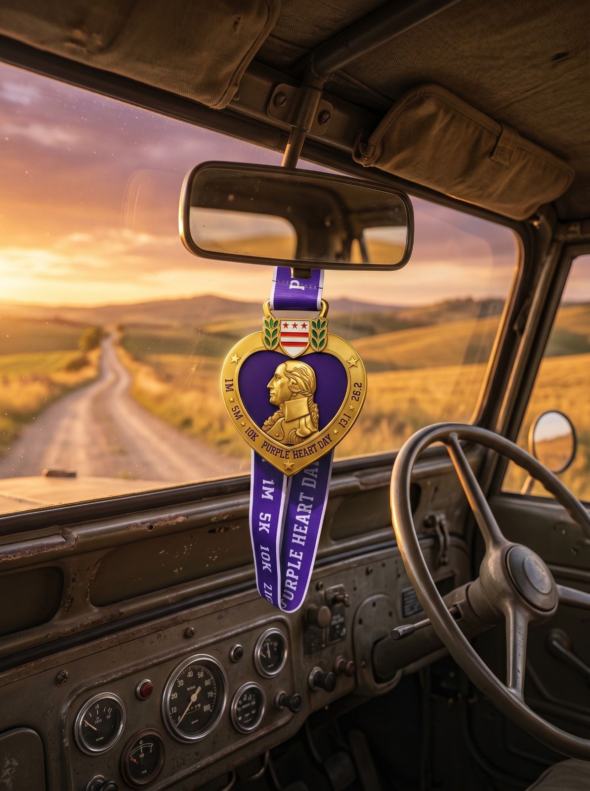 Purple Heart Day Virtual Race 2026 medals and bibs for 1 mile, 5K, 10K, 13.1 half marathon, and 26.2 marathon running events.
