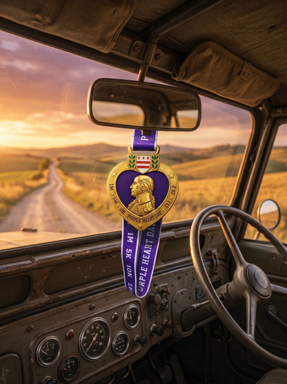 Purple Heart Day Virtual Race 2026 medals and bibs for 1 mile, 5K, 10K, 13.1 half marathon, and 26.2 marathon running events.