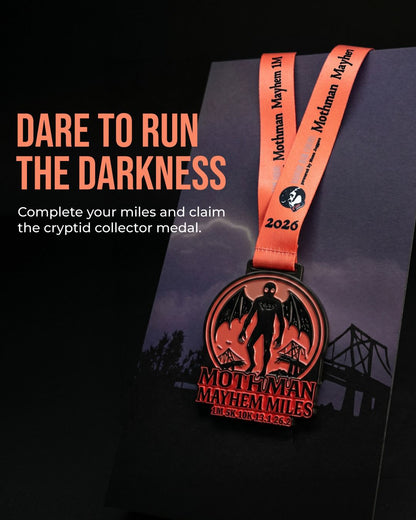 2026 Mothman Mayhem medal from virtualrunevent for 1M, 5K, 10K, 13.1, 26.2 races, benefiting the National Parks Foundation.