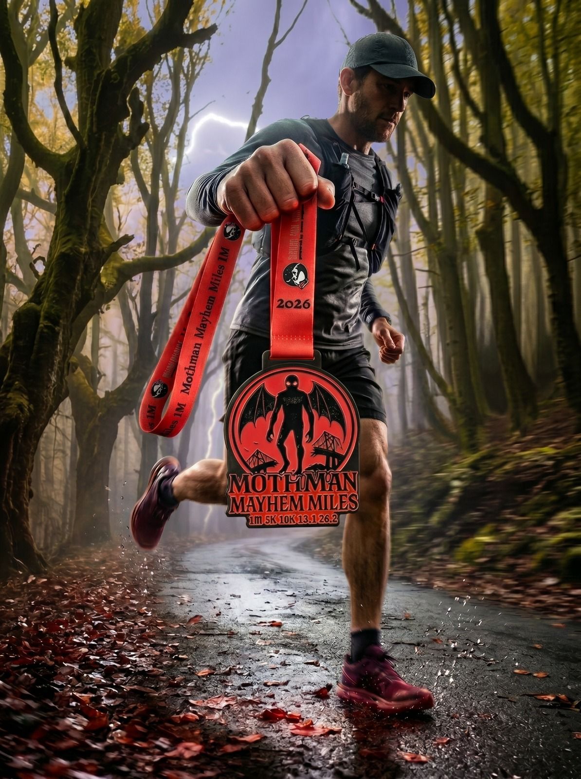 Mothman Mayhem virtualrunevent medal for 1M, 5K, 10K, 13.1, 26.2 races, benefiting The National Parks Foundation.