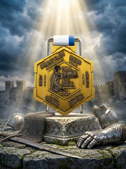 Medal featuring the 2026 Full Armor of God with 1M, 5K, 10K, 13.1, 26.2 distances, from VirtualRunEvent for Benefits Global Orphan Project.