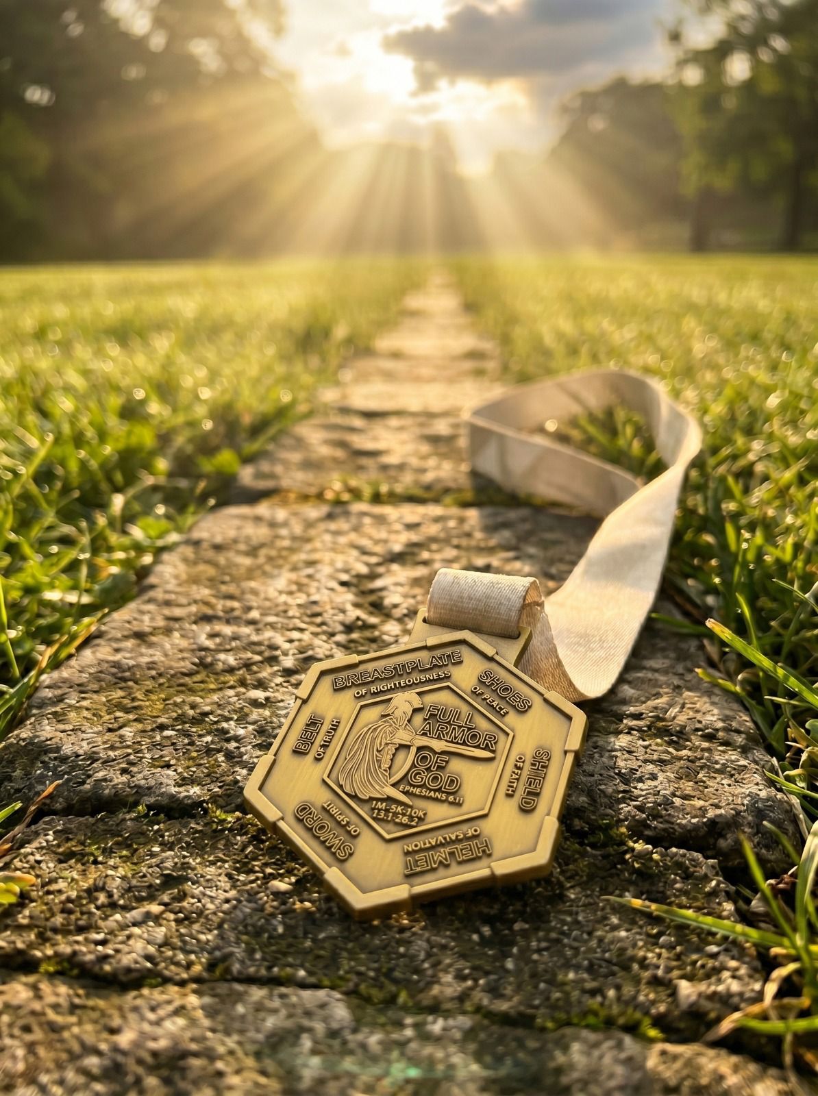 Medal honoring the Armor of God with distances 1M, 5K, 10K, 13.1, 26.2 for the Benefits Global Orphan Project, by VirtualRuneEvent.