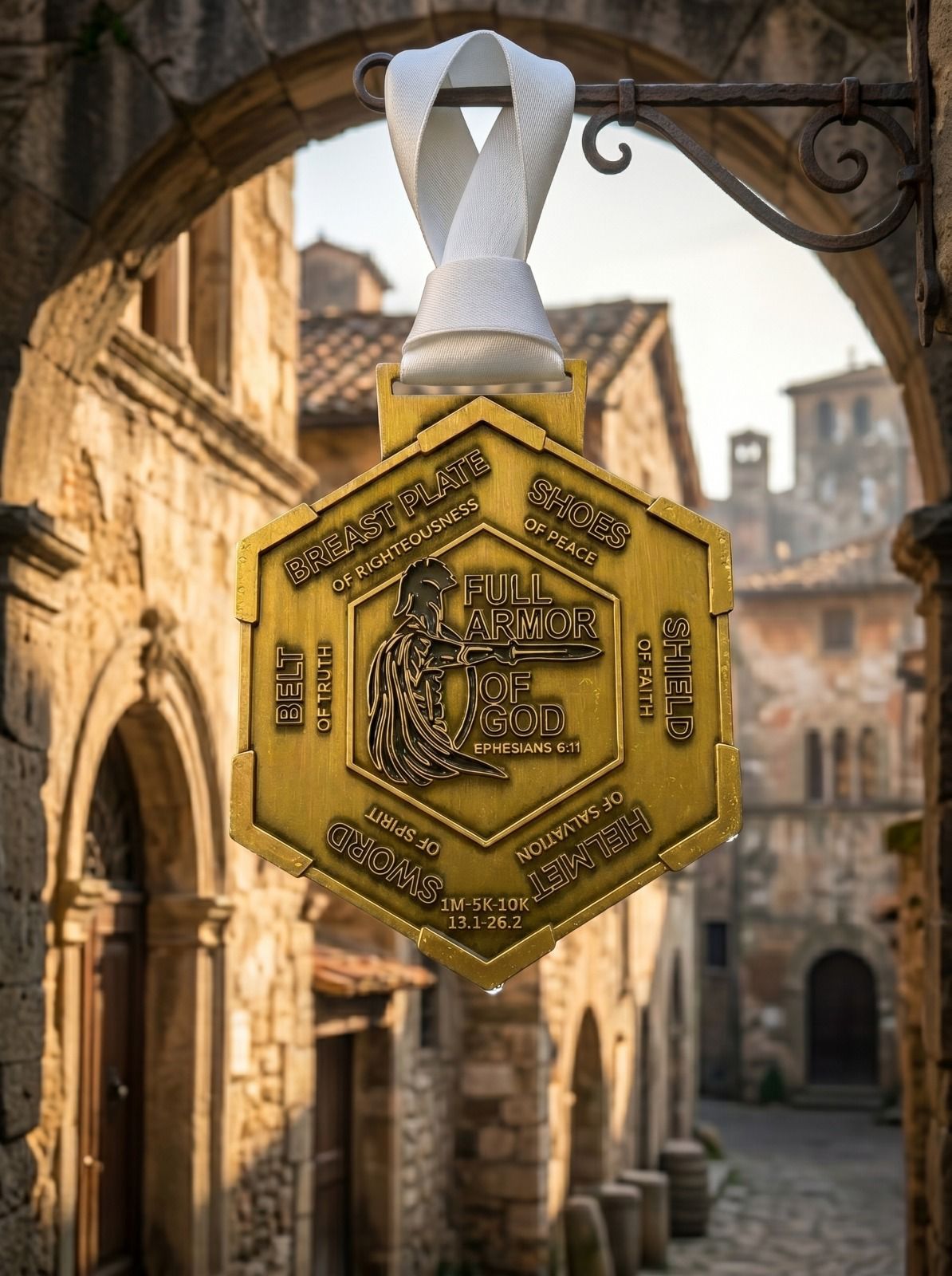 Medal featuring the 2026 Full Armor of God design by VirtualRunEvent, promoting faith and charity for the Benefits Global Orphan Project.