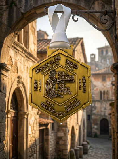 Medal featuring the 2026 Full Armor of God design by VirtualRunEvent, promoting faith and charity for the Benefits Global Orphan Project.