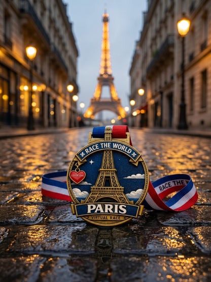 Paris Virtual Race 2026 medal from VirtualRunEvent, featuring a detailed design celebrating the Race the World Series.