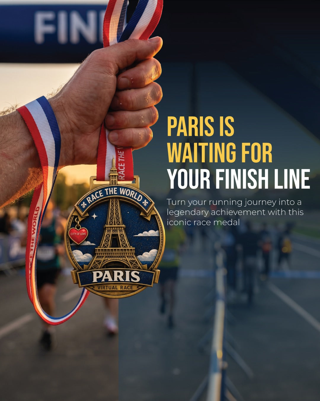Virtualrunevent Paris Virtual Race 2026 medal for 5K, 10K, 13.1, 26.2 distances, featuring iconic Paris landmarks.