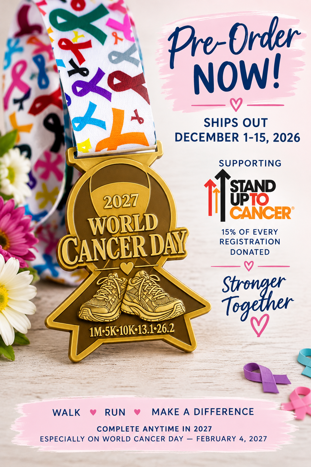 Virtualrunevent World Cancer Day medal for charity awareness race, featuring a colorful design and engraved event details.