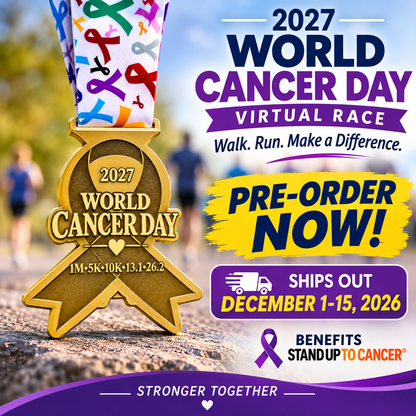 Virtualrunevent World Cancer Day Virtual Race medal for 5K, 10K, Half Marathon, and Marathon, featuring cancer awareness design.