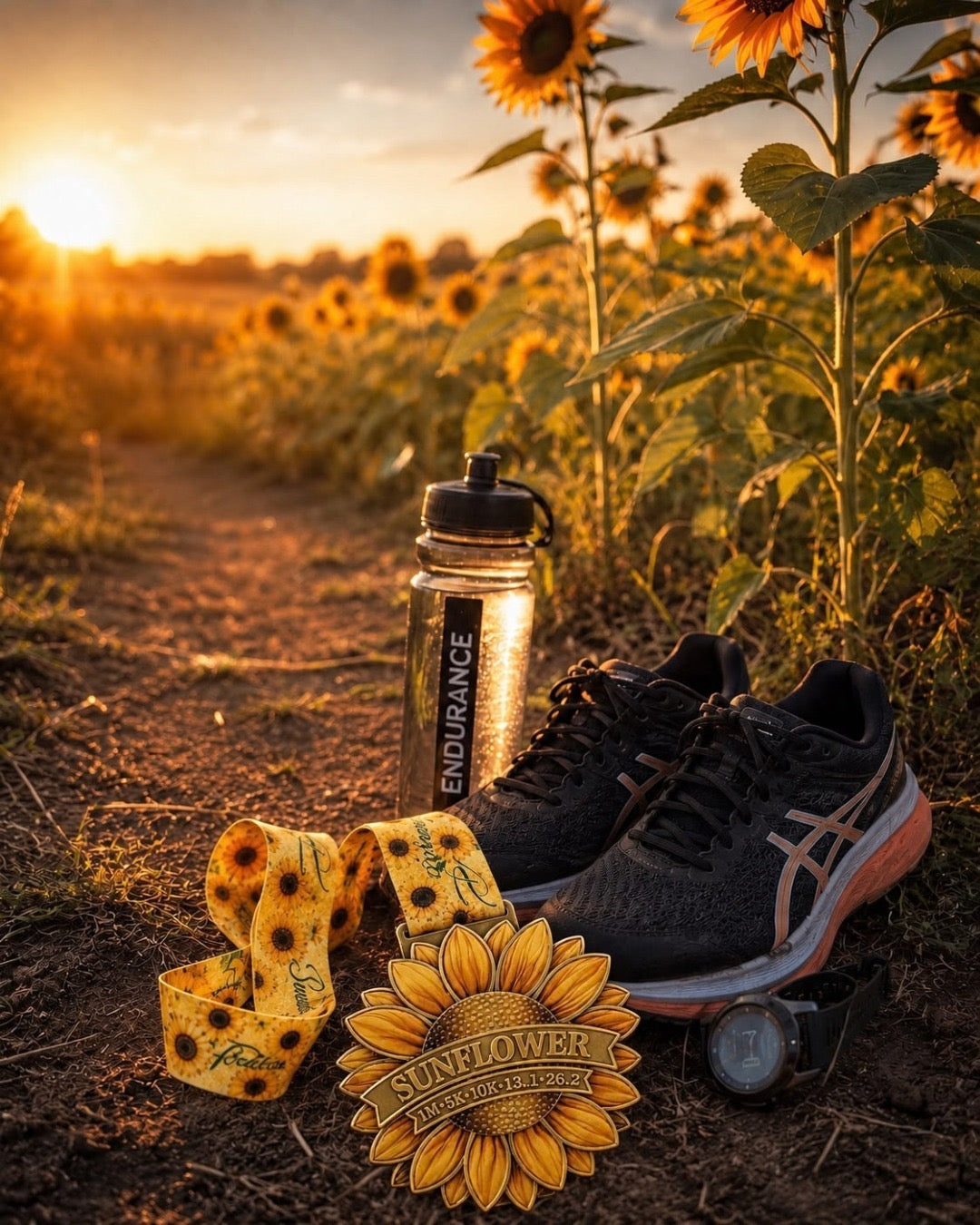 Sunflower Virtual Race 2026 medal from Virtual Rune Event's Language of Flowers Series featuring a sunflower design and vibrant colors.