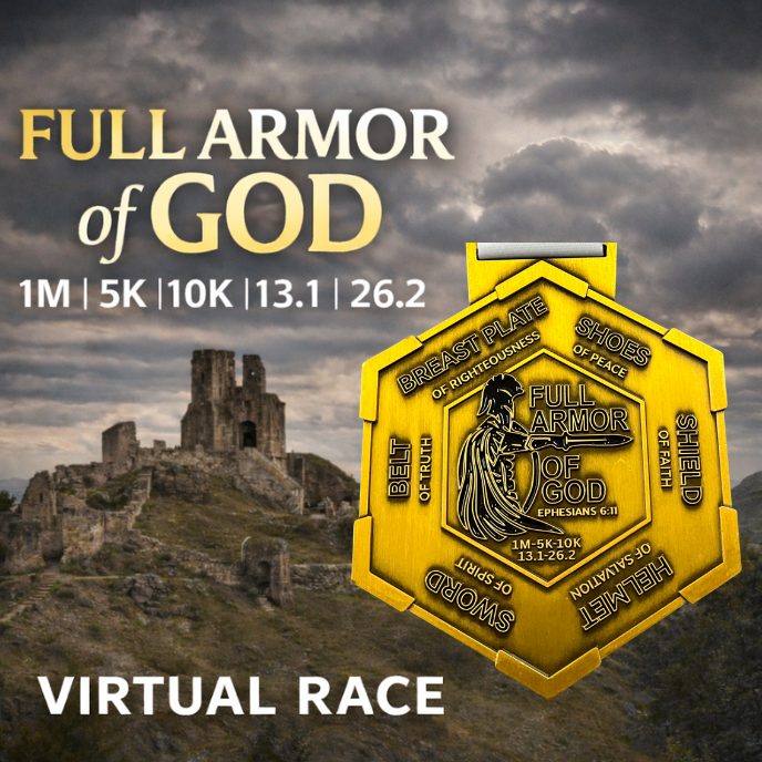 VirtualRunevent Armor of God medals in 1M, 5K, 10K, 13.1, and 26.2 sizes featuring a detailed armor design.