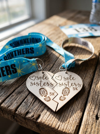 Sole Sisters 5K Virtual Race medal from virtualrunevent featuring a colorful design and engraved event details on the round metal medal.