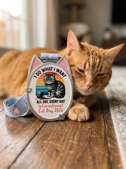 2026 Cat Day virtual race medal from VirtualRunEvent, featuring a colorful design for 1M, 5K, 10K, 13.1, and 26.2 run distances.