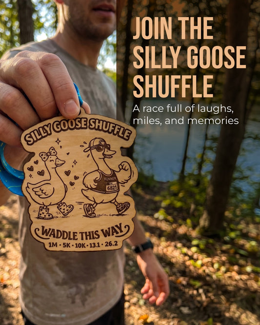 Silver Silly Goose Shuffle Virtual Race medal from virtualrunevent with engraved design and colorful ribbon.