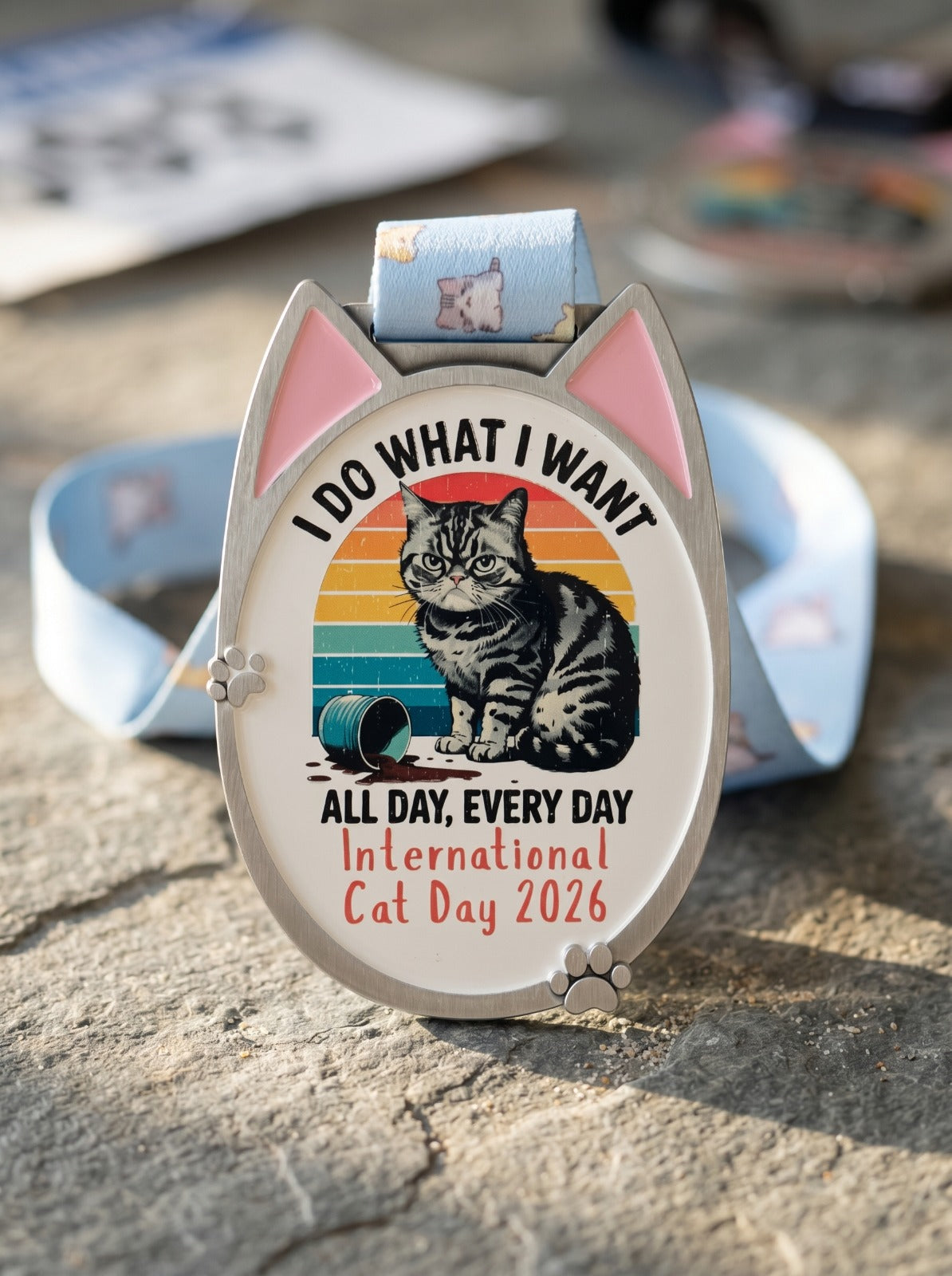 2026 Cat Day virtual race medal from VirtualRunEvent, featuring a colorful design for 1M, 5K, 10K, 13.1, and 26.2 distances