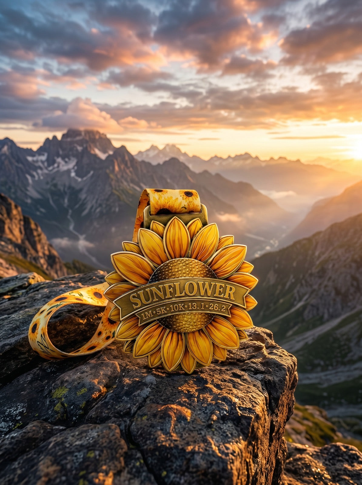 Sunflower Virtual Race 2026 medal from Virtual Rune Event's Language of Flowers Series, featuring a sunflower design and vibrant colors.