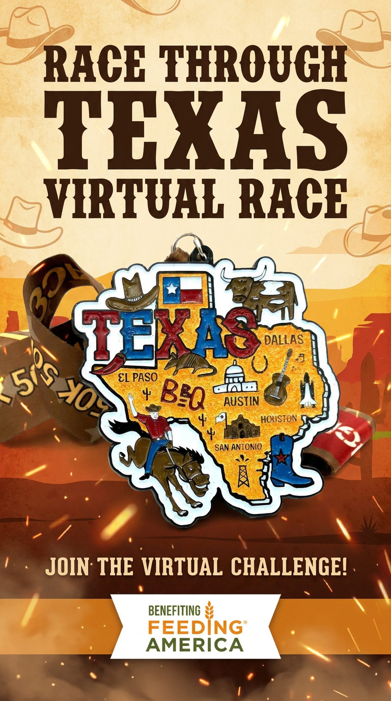 Virtualrunevent Race Through Texas medal for 1 Mile, 5K, 10K, Half Marathon, Marathon, and 50 Mile Challenge with Texas-themed design