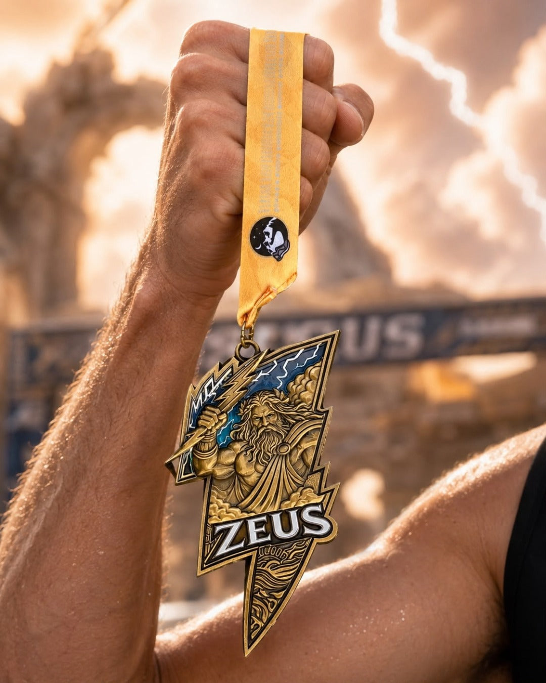 Zeus Race 2026 medal from the Gods & Warriors Virtual Running Series by virtualrunevent, featuring a detailed mythological design.