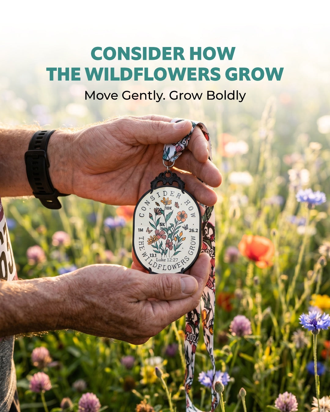 Consider Wildflowers Virtual Run medal featuring floral design and race distances 1M, 5K, 10K, 13.1, and 26.2 from virtualrunevent.