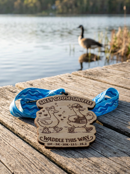 Silver Silly Goose Shuffle Virtual Race medal by virtualrunevent featuring a playful goose design on a circular medal.