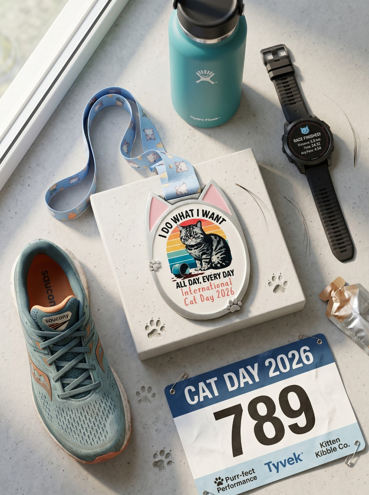 Virtualrunevent 2026 Cat Day race medal for 1M, 5K, 10K, 13.1, and 26.2 virtual races featuring a colorful cat design