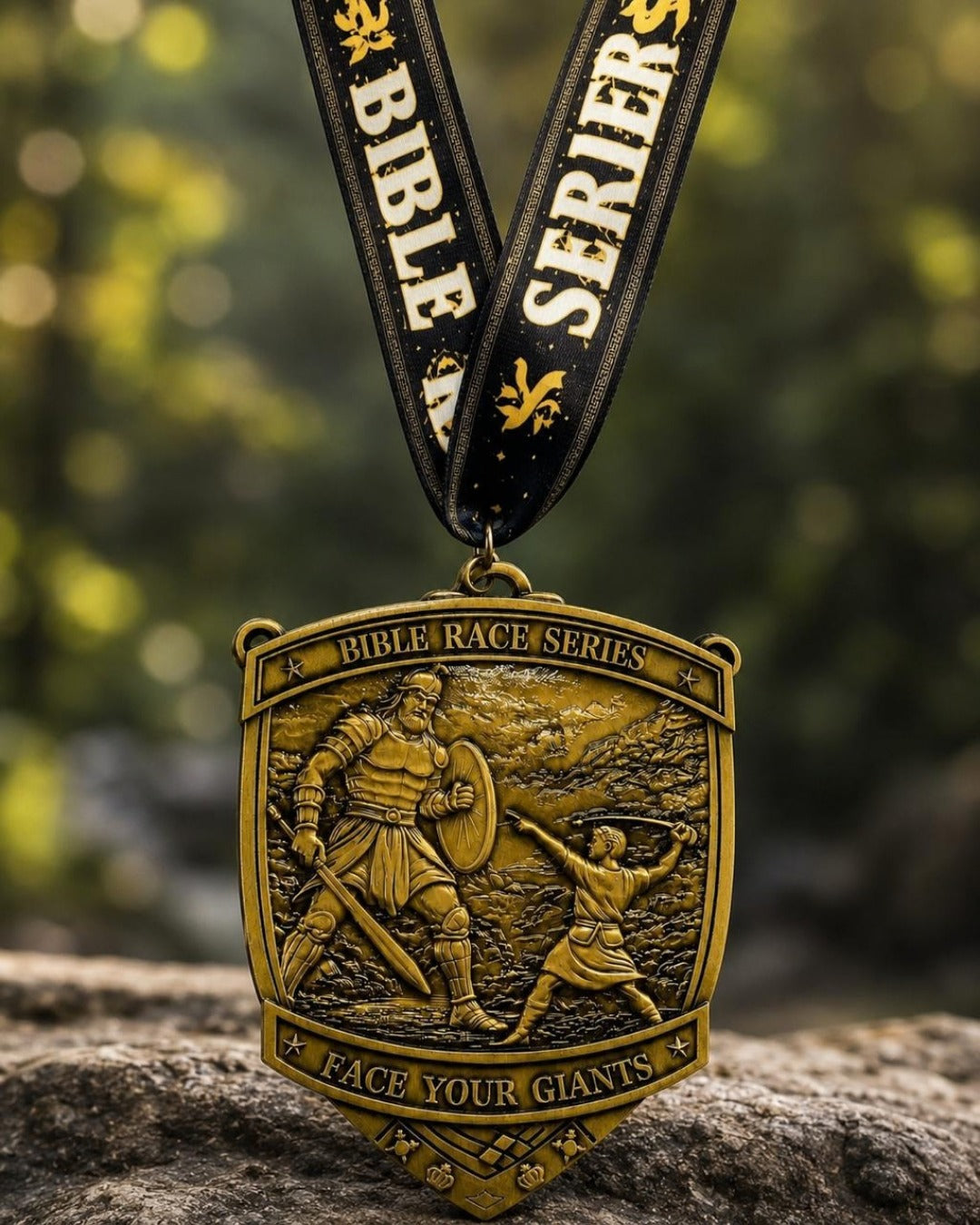 Christian virtual run medal for the Face Your Giants Race 2026, showcasing a detailed design with race and faith symbols.