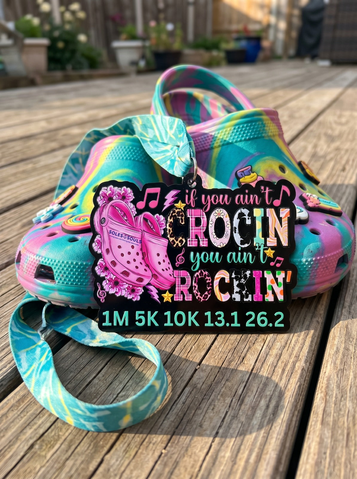 Virtualrunevent "If You Ain’t Crocin’, You Ain’t Rockin’" race medal with engraved design and colorful ribbon for virtual race participation.