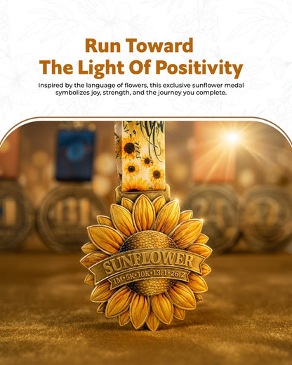 Sunflower Virtual Race 2026 logo from Virtual Rune Event's Language of Flowers Series, featuring a vibrant sunflower design.