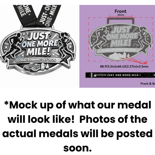 Virtualrunevent Just One More Mile Race 2026 medal for Global Running Day virtual event, featuring a colorful running-themed design.