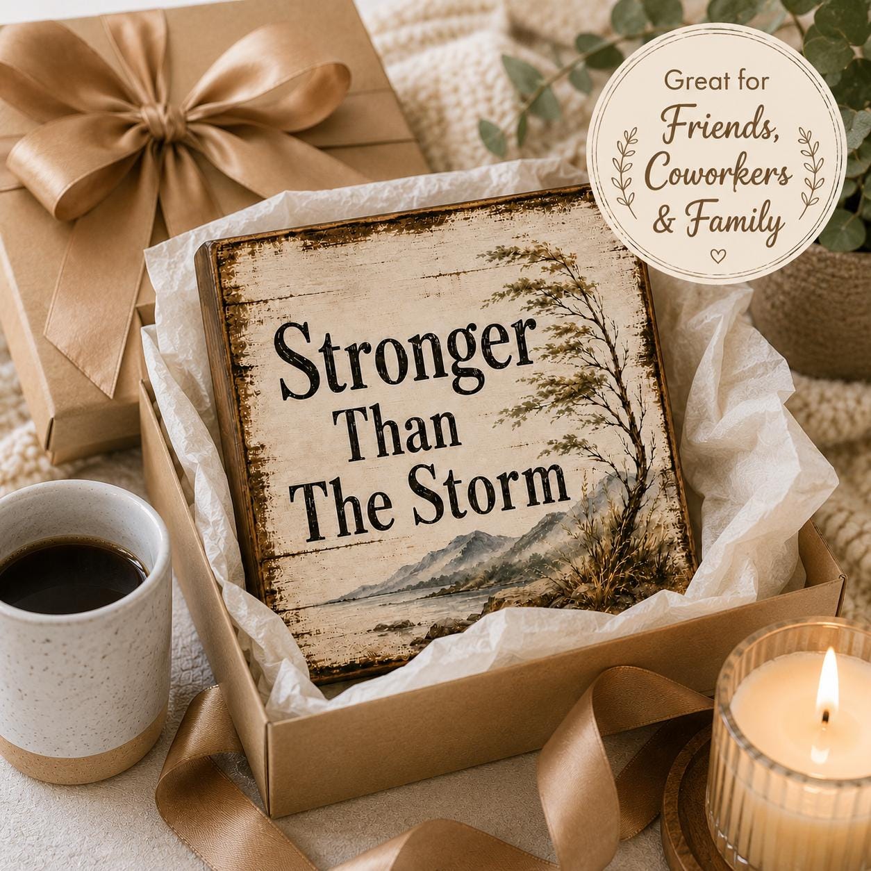 Stronger Than The Storm Shelf Sitter Sign, Encouragement Gift, Rustic Wood Block Decor