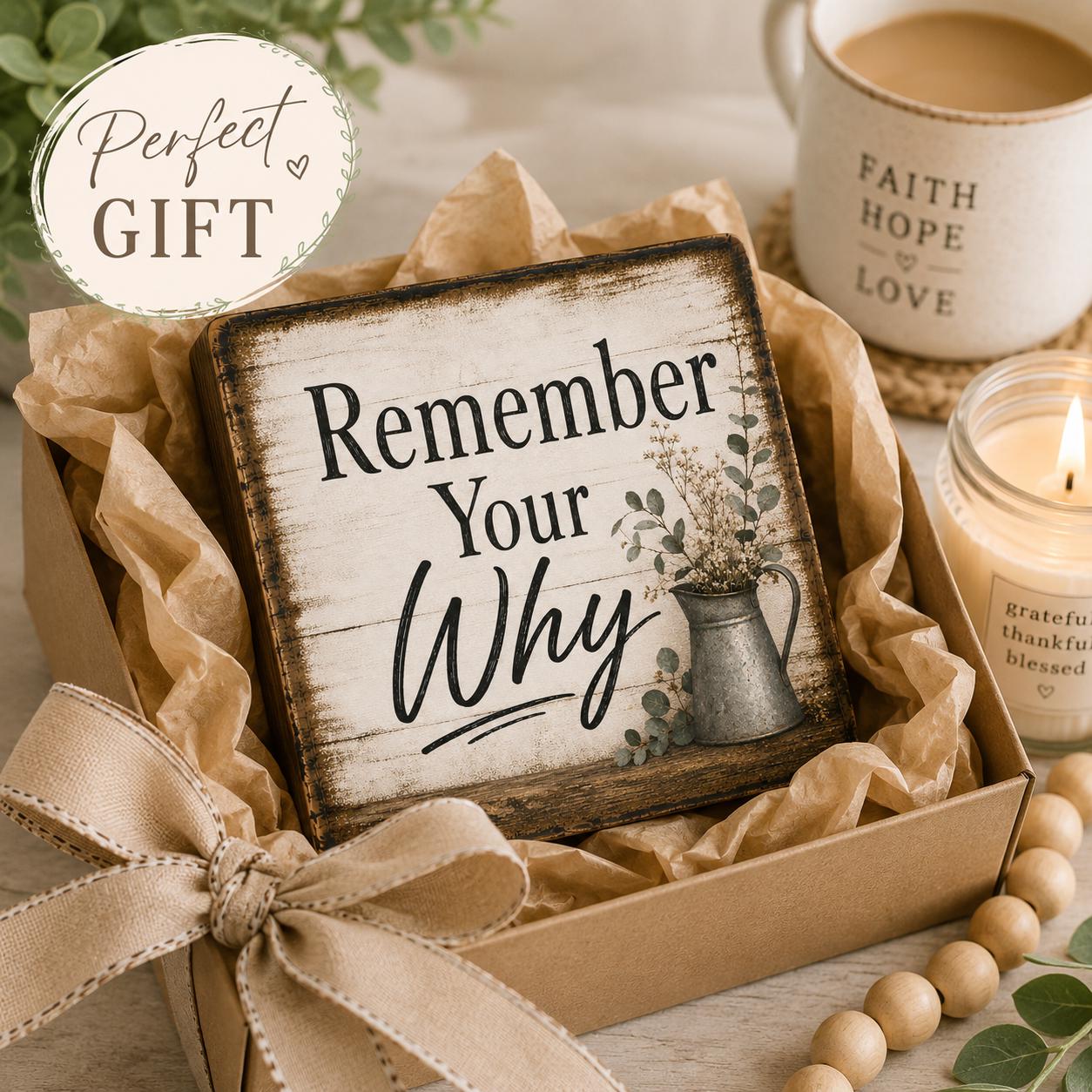 Remember Your Why Wood Sign, Inspirational Farmhouse Decor, Rustic Wooden Block Gift