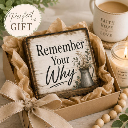 Remember Your Why Wood Sign, Inspirational Farmhouse Decor, Rustic Wooden Block Gift