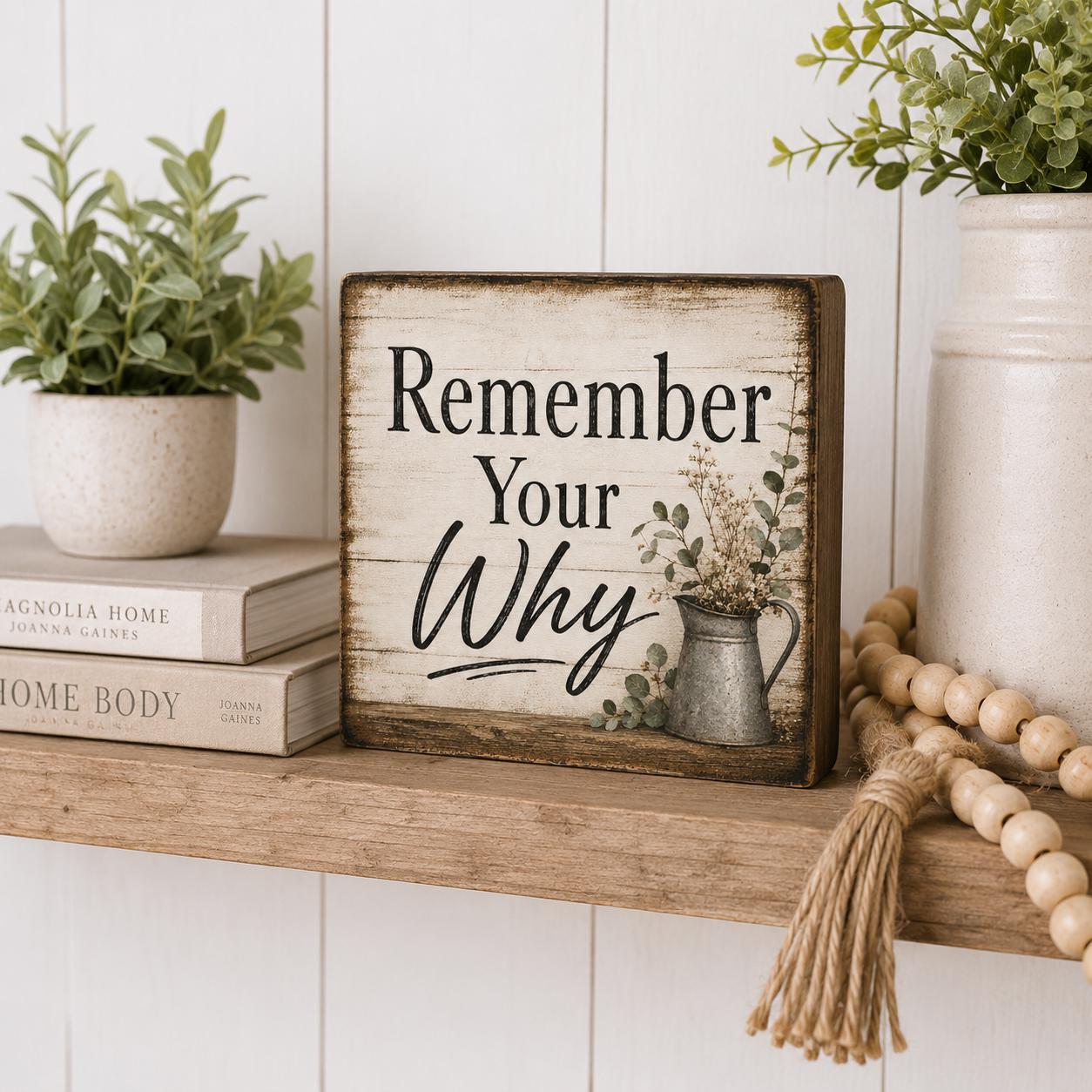 Remember Your Why Wood Sign, Inspirational Farmhouse Decor, Rustic Wooden Block Gift