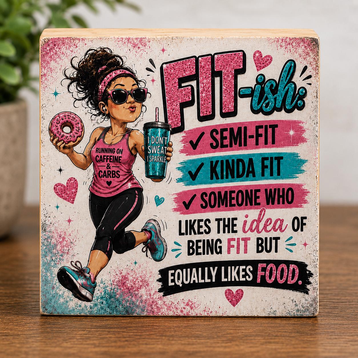 Funny Running Gift for Women, Fit-ish Shelf Sitter, Runner Gift, Running Decor, Gym Humor Sign, Funny Fitness Wood Block 4x4