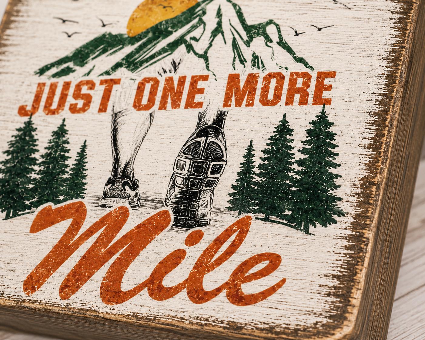 Just One More Mile Sign, Running Gift, Marathon Runner Decor, Trail Running Gift, Hiker Shelf Sitter, Rustic Wood Block Sign