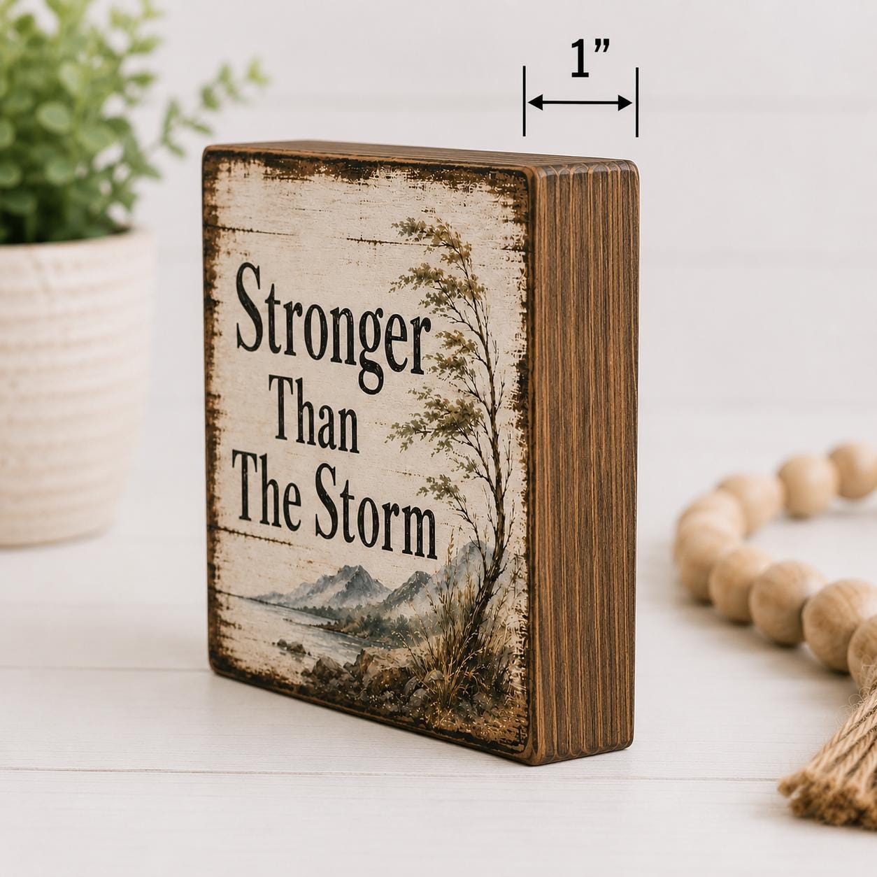 Stronger Than The Storm Shelf Sitter Sign, Encouragement Gift, Rustic Wood Block Decor