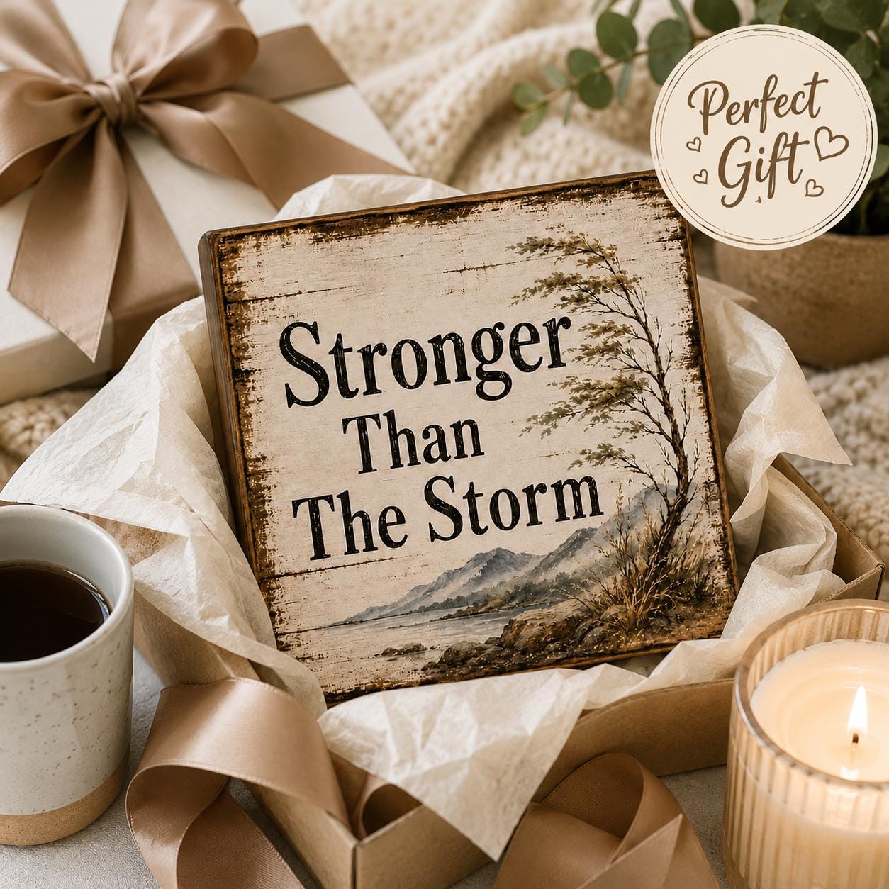 Stronger Than The Storm Shelf Sitter Sign, Encouragement Gift, Rustic Wood Block Decor