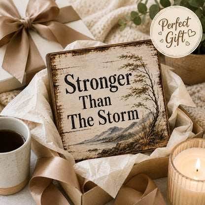 Stronger Than The Storm Shelf Sitter Sign, Encouragement Gift, Rustic Wood Block Decor
