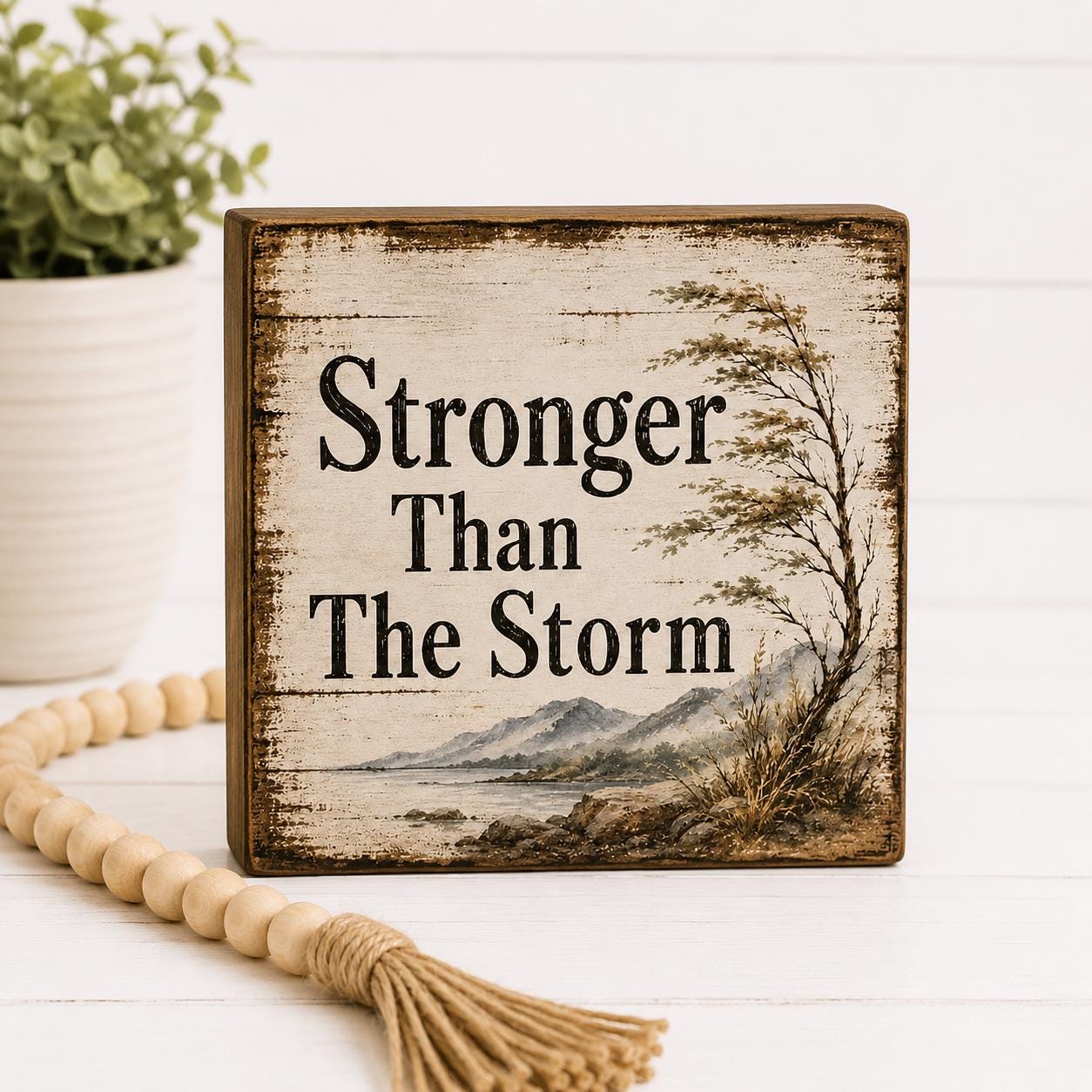 Stronger Than The Storm Shelf Sitter Sign, Encouragement Gift, Rustic Wood Block Decor