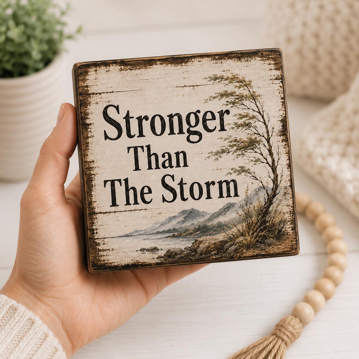 Stronger Than The Storm Shelf Sitter Sign, Encouragement Gift, Rustic Wood Block Decor