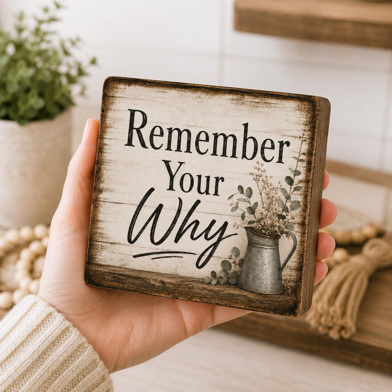Remember Your Why Wood Sign, Inspirational Farmhouse Decor, Rustic Wooden Block Gift