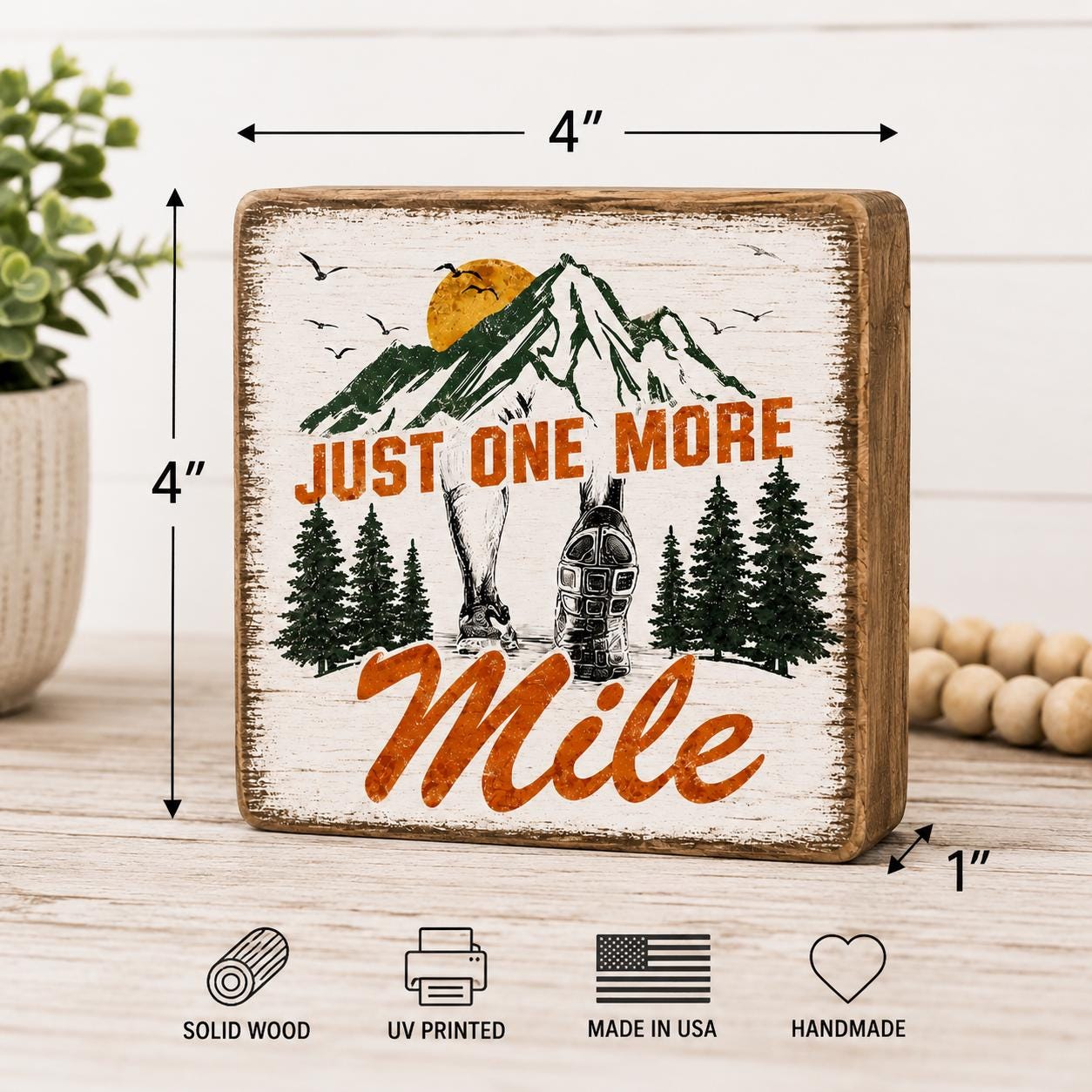 Just One More Mile Sign, Running Gift, Marathon Runner Decor, Trail Running Gift, Hiker Shelf Sitter, Rustic Wood Block Sign