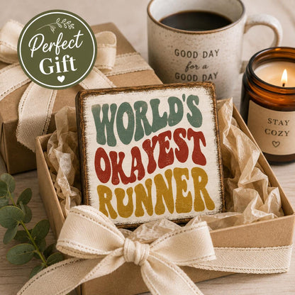 World's Okayest Runner Wood Sign | Funny Runner Gift | Shelf Sitter | Running Decor