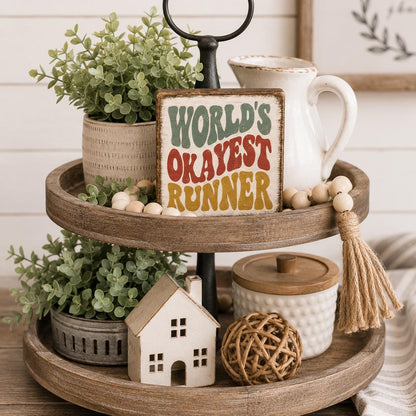 World's Okayest Runner Wood Sign | Funny Runner Gift | Shelf Sitter | Running Decor